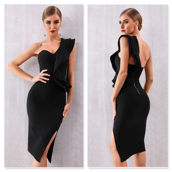 Bandage Flounce High Slit Pencil Black Dress - Picture 8 of 17